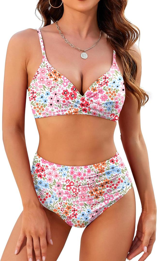 ZAFUL Women High Waisted Bikini Sets Two Piece Swimsuit Push Up Twist Front Ruched Bathing Suit (X-Large, Pink Floral)