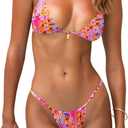 Women's Sexy Triangle Bikini Sets Cheeky Thong Swimsuit Adjustable Spaghetti Straps Bathing Suit (Floral Pink, S)