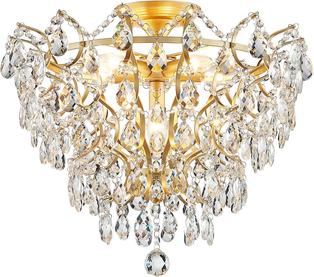 WUZUPS 6-Light Crystal Chandelier Ceiling Light Modern Lighting Fixture for Bedroom Hallway Bar Kitchen Bathroom, H 15.6" W 20.1", E12 Base, Gold, Ceiling Light, 15.6" High 20.1" Wide