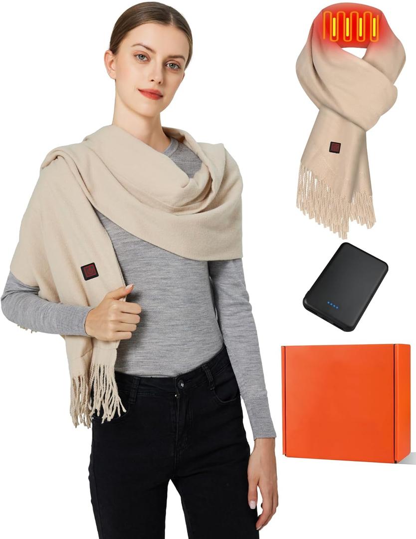 Heated Scarf for Women Men Rechargeable Heated Scarves Blanket with Battery Pack Neck Heat Pad Electric Scarf Heated (Khaki With 5v 5000mah Battery)
