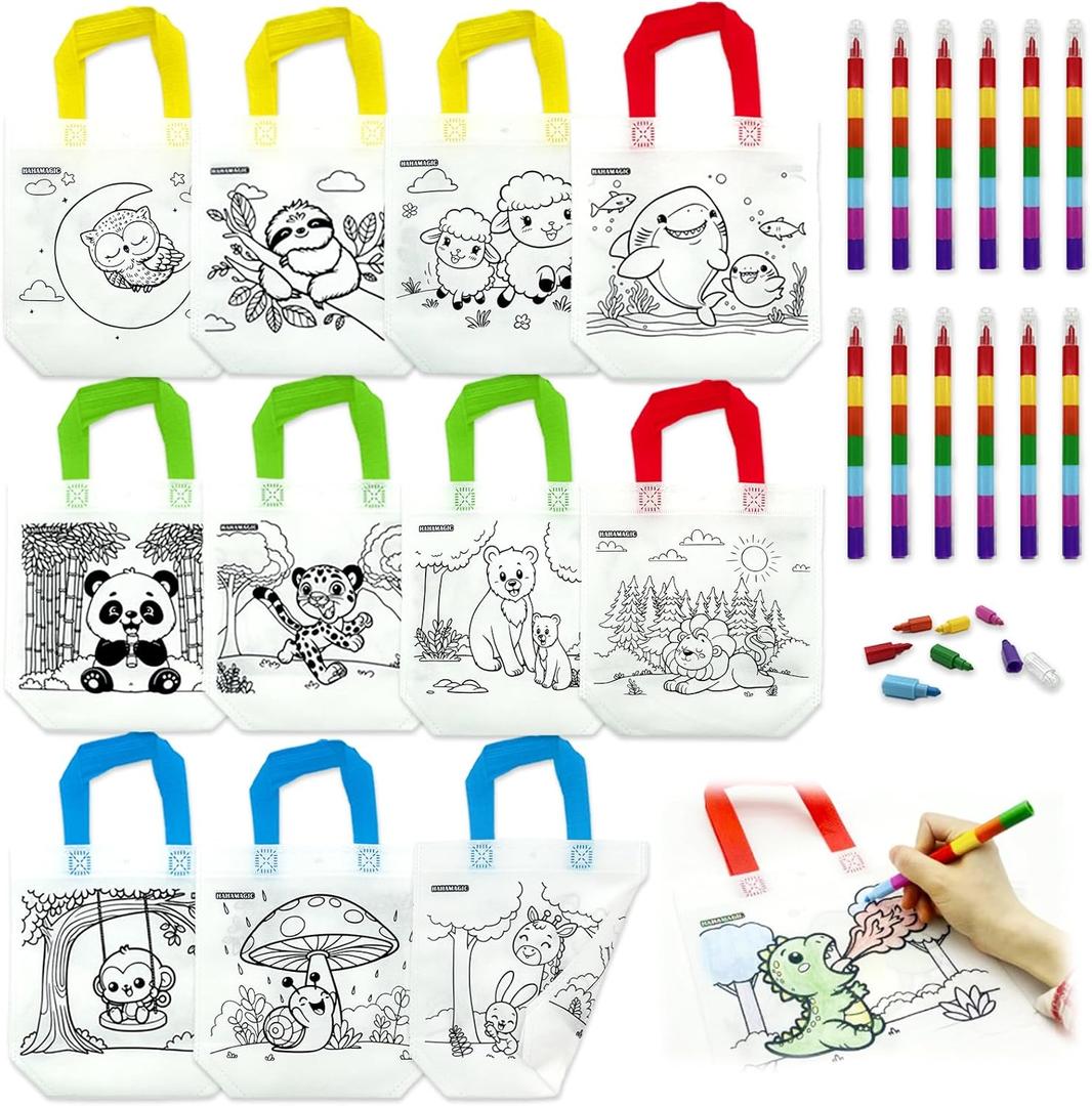 HahaMagic 12 Coloring Goodie Bags with 12 Crayons(7-in-1), Reusable Art Party Favors for Kids Classroom, Birthday Party, Craft Supplies, Mini Tote Bags and Goodie Bags Stuffers for Kids