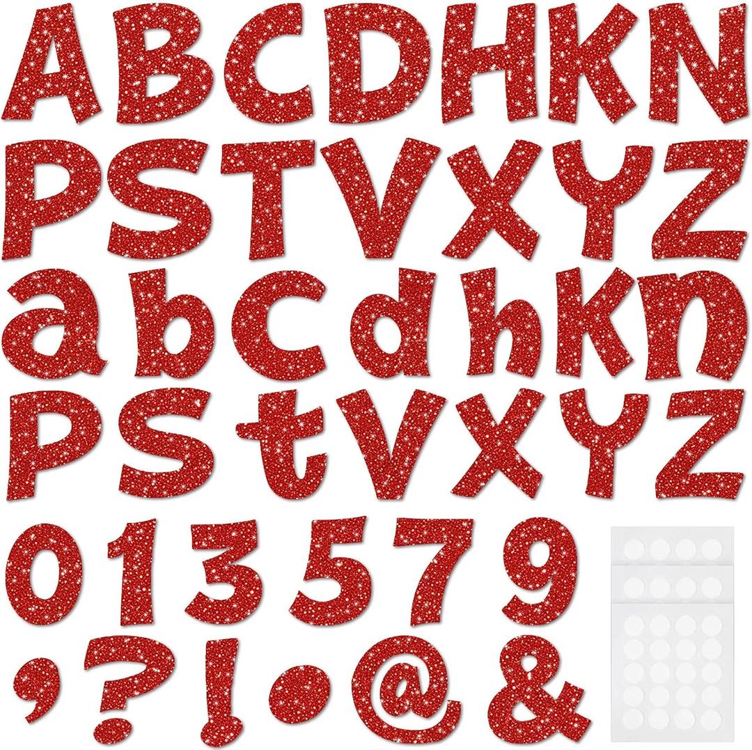 Colarr 216 Pcs Red Glitter Bulletin Board Letters for Classroom Number Alphabet Punctuation Symbol Cutout 4'' Die-Cut Poster Letter with Adhesive Dot School Graduation Party Wedding Patriotic Decor