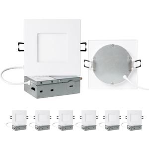 ZYC 4-inch Square Recessed Lighting - Ultra Thin Dimmable Square LED Ceiling Light,5 Color Temperature 2700-5000K Selectable,9W 800LM High Brightness,Canless Wafer Downlight,Pack of 6 White.