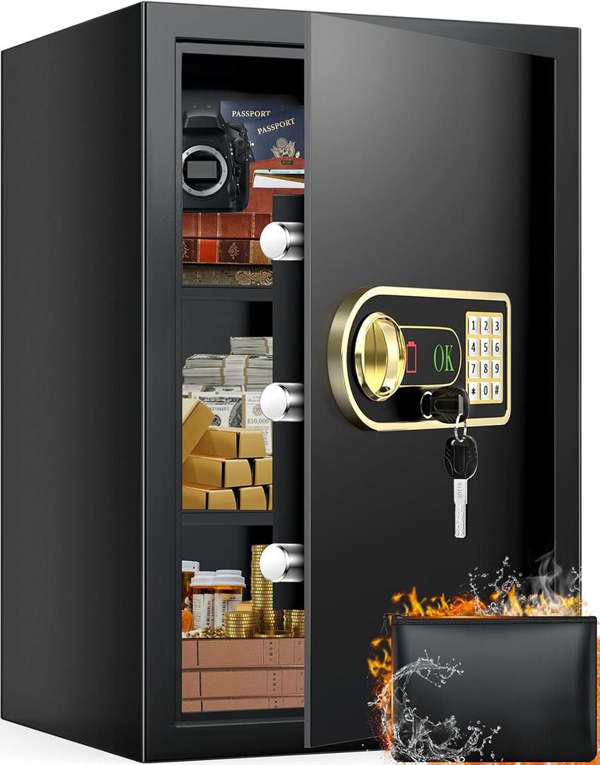 Large Safe, 5.0 Cubic Feet Home Safes with Fireproof Waterproof Bag, Anti-Theft Digital Safe Box with Digital Keypad & 3 Removable Shelves and Led Light, Personal Safes for Document Money Valuable