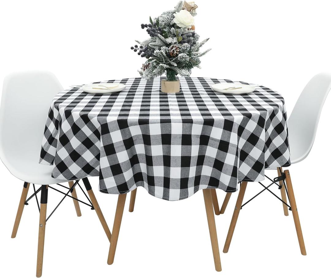 Buffalo Plaid Round Tablecloth 60 Inch Black White Classic Gingham Check Table Cloth Polyester Cotton Fabric Rustic Table Cover for Dining Room Kitchen Party