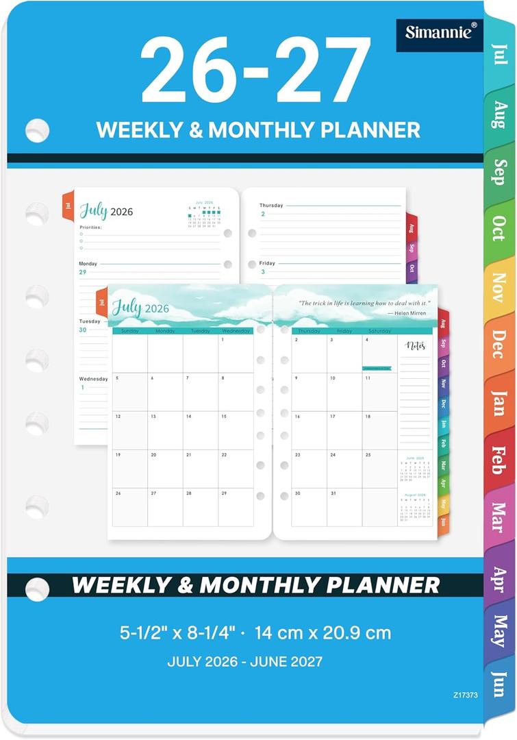 2026-2027 Planner Refills - A5 Planner Inserts with 7-Hole Punched, JUL 2026 - JUN 2027, 5-1/2" x 8-1/2", Planner Refills 2026-2027, A5 Binder Inserts, Weekly Monthly Planner 26-27 with Colorful Tabs