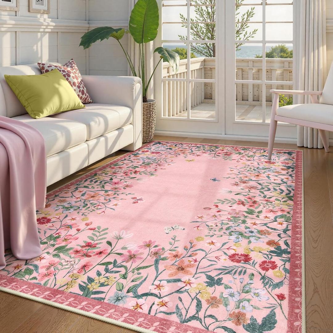 Lahome Boho Floral 5x7 Pink Rugs for Bedroom Girls, Non Slip Washable Nursery Rugs for Living Room, Pastel Indoor Throw Carpet for Dorm Classroom Playroom (Pink,5x7)