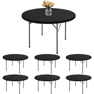 Fitted Round Table Cover with Elastic - 6 Pack Black Round Tablecloths 60 Inch, Windproof & Non-Slip Dining Circle Table Protector for Outdoor Picnic, Party, Event