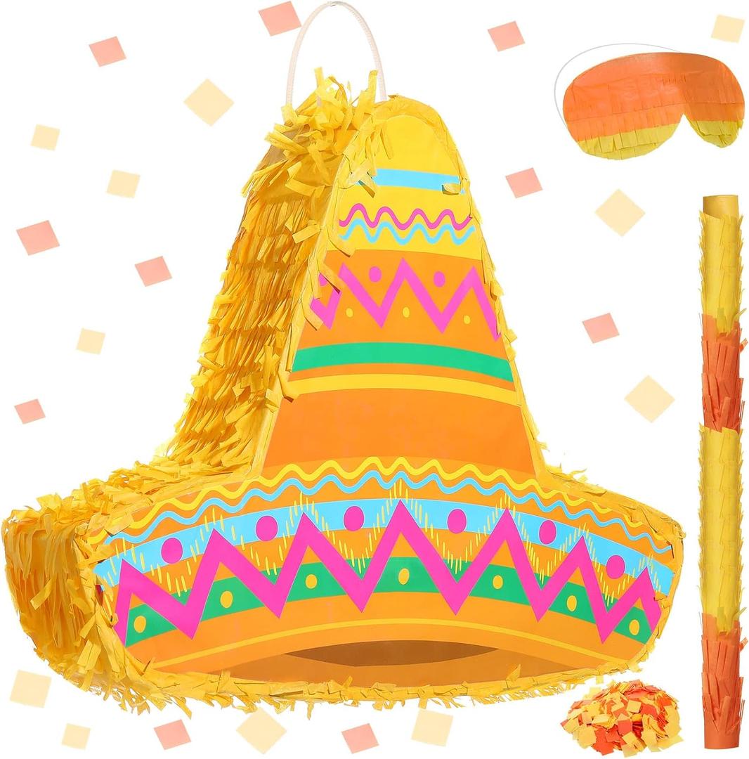 Mexican Themed Party Pinata with Stick Blindfold Confetti Mexican Sombrero Hat Cinco De Mayo Pinata for Cinco De Mayo Fiesta Carnival Birthday Party, 16 x 11 x 3 Inch