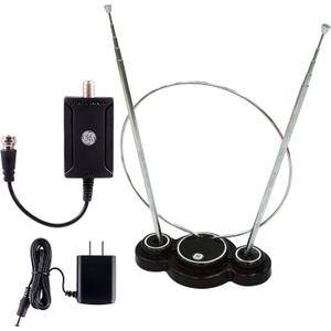 GE Traditional Rabbit Ears Indoor TV Antenna + Indoor Antenna Amplifier, Extendable Dipoles and Circular Loop, Digital HDTV VHF UHF, Low Noise Signal Booster, AC Power Adapter Included