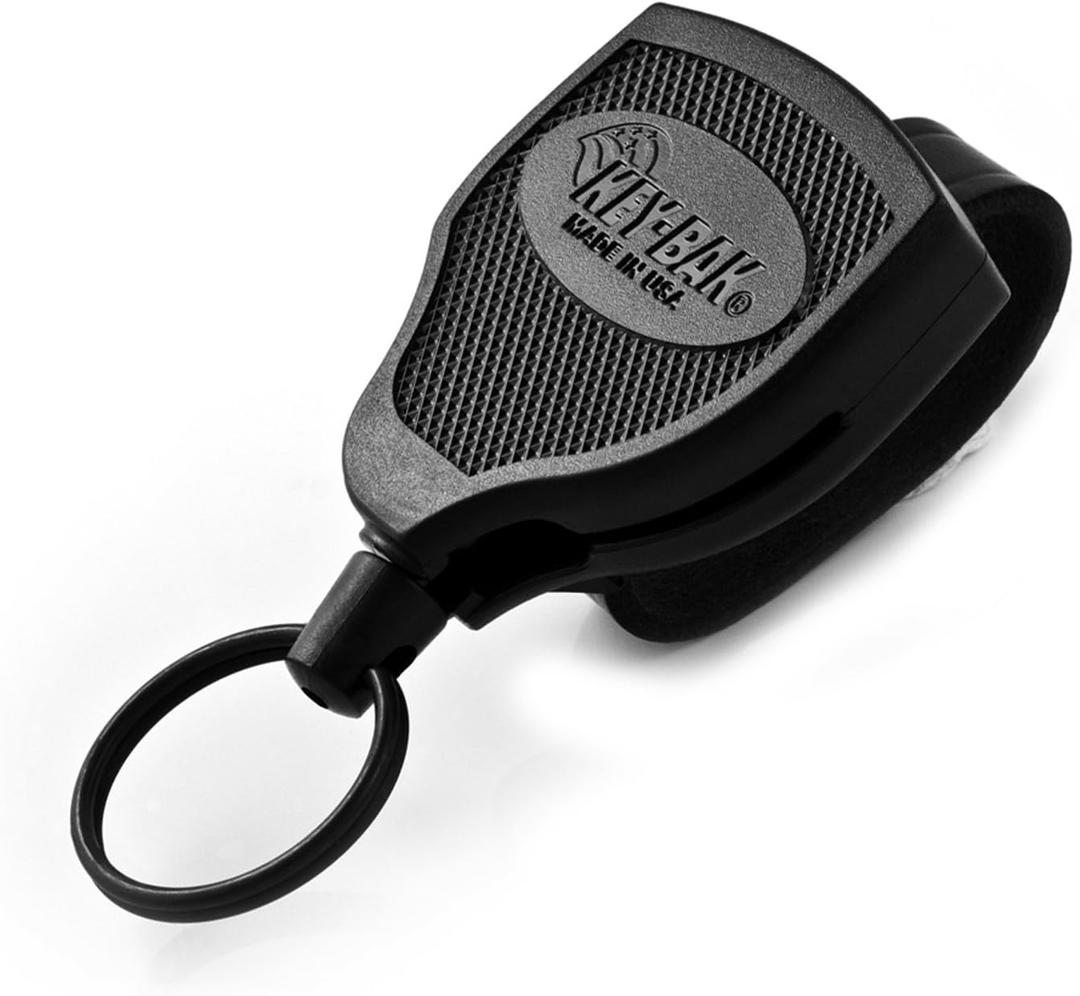 KEY-BAK SUPER48 Locking Retractable Keychain, Durable Polycarbonate Case, Leather Belt Loop, and Oversized Split Ring, Black
