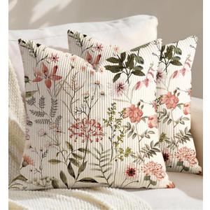 Corduroy Throw Pillow Covers 18x18 - Set of 2 Decorative Spring Pillow Covers with Zipper Farmhouse Decor Cottage Throw Pillowcases for Couch Sofa Living Room Home Bedroom, PK Floral