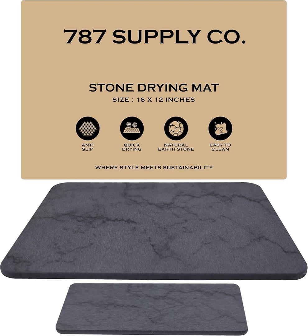 J.B Large Stone Drying Mat for Kitchen Counter - Quick Dry Stone Mat with Sink Caddy, Ultra Absorbent Dish Drying Stone for Kitchen Counter and Bathrooms, 16 x 12 Inch, Dark Gray/Black Marble Finish
