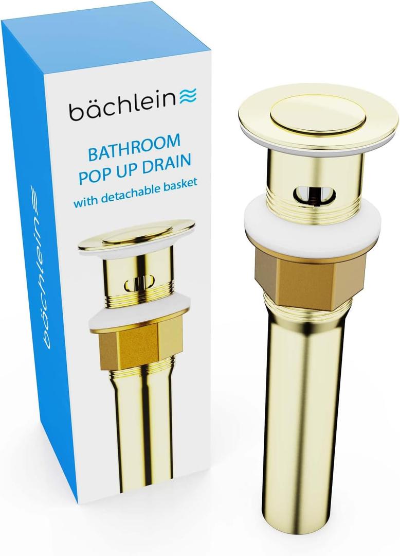 Bathroom Sink Drain with Overflow - Brushed Gold Pop Up Drain incl. 3 Extra Seals - German Brand