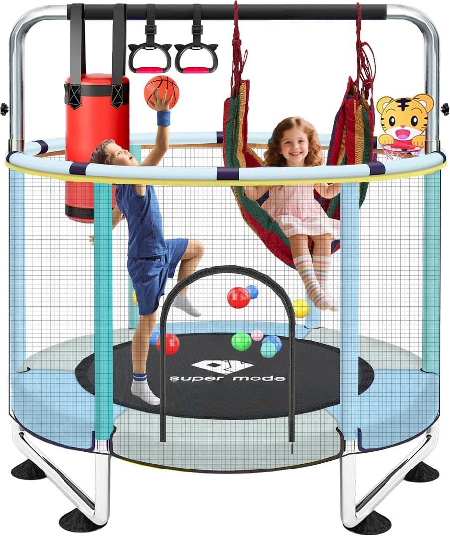 Trampoline for Kids, 5FT Adjustable for Toddler, Indoor/Outdoor Baby Trampoline with Enclosure Net, No-Gap Safe Design, Gifts for Boys & Girls (Stainless Steel, blue green)