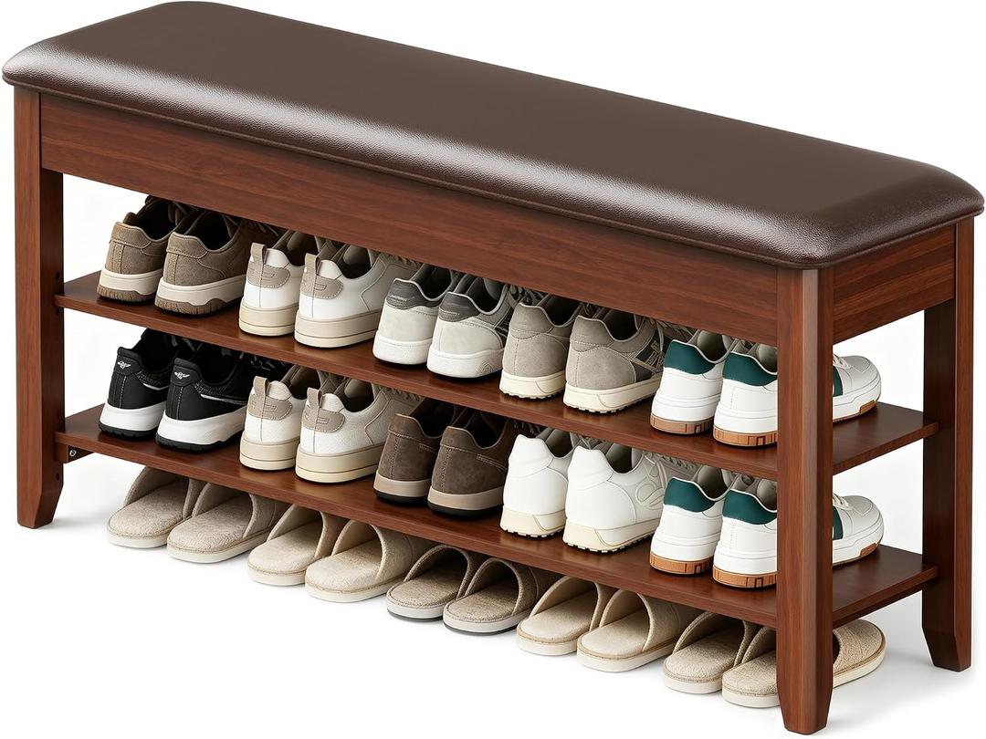 LBT Shoe Bench with Storage, Solid Rubberwood Shoe Rack Bench for Entryway, Adjustable 6.3" Shelf Fits High-Top Shoes & Boots, Hidden Storage Compartment, Cushion Seat, Stay-Open Hinge, Walnut, 39.4 inch
