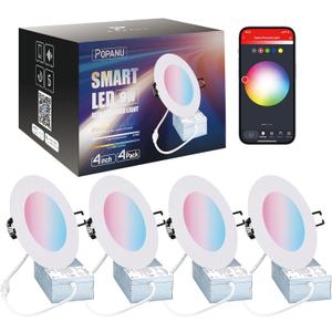 Smart Recessed Lighting 4 inch - 9W Color Changing WiFi Downlight 4 Pack Alexa/Google Assistant Compatible RGB LED, APP Control, Voice Control Lights 9W 4 Inch White