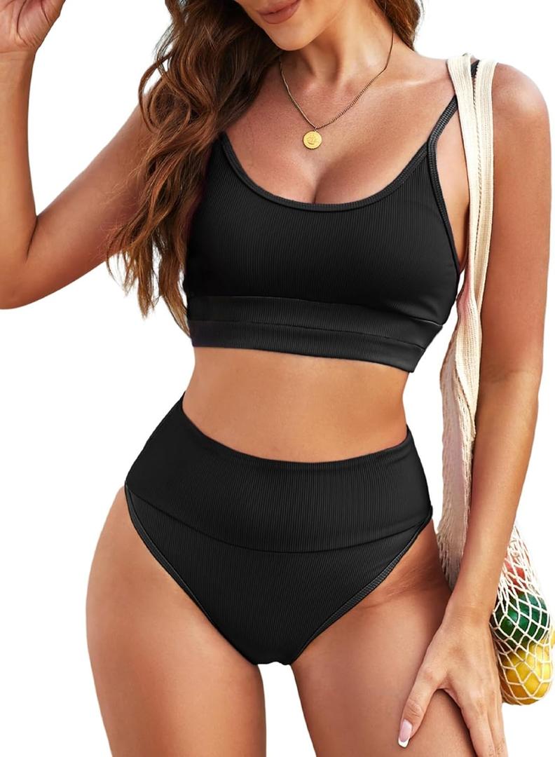 Herseas Womem 2 Piece High Waisted Bikini Sets Color Block Popular Swimsuits 2026 Summer Beach Swim Best Bathing Suits (Black, M)