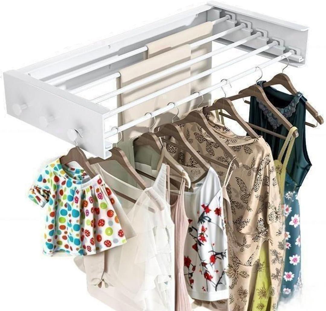 Collapsible Clothing Storage Organizer Drying Rack Wall Mounted for Laundry- 5 Aluminum Rods with 6 Hook Foldable Closet Shelves, Space Saving Storage for Indoor Outdoor, (White,31.5'')