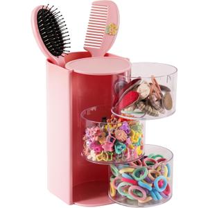 Hair Accessories Organizer for Girls, Kids, Toddler & Women, Rotating Hair Brush Holder with 3-Tier Clear Storage for Hair Clips, Ties, Bows, Scrunchies, Jewelry, Vanity Caddy, Pink
