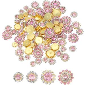 PATIKIL 100 Pcs Sew on Rhinestones Crystals 8mm 10mm 12mm 14mm, 3 Layers Sewing Flower Claw Rhinestones Glass Gems Metal Base for DIY Craft Dress Clothes Belt Decoration, Gold/Light Pink