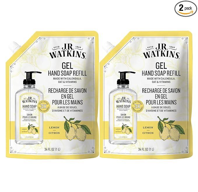 J.R. Watkins Gel Hand Soap Refill, Moisturizing Hand Wash, Formulated with Plant-Based Cleansers, Alcohol-Free, Cruelty-Free, Lemon, 34 Fl Oz, 2 Pack