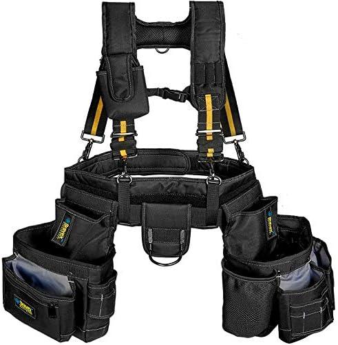 Comfortable Tough Thick 7-Piece Tool Belt with Suspenders 21 Pockets and Loops,1680D Denier Fabric Heavy Duty Tool Belts with Carry Handles, Fits Waists 36-49In