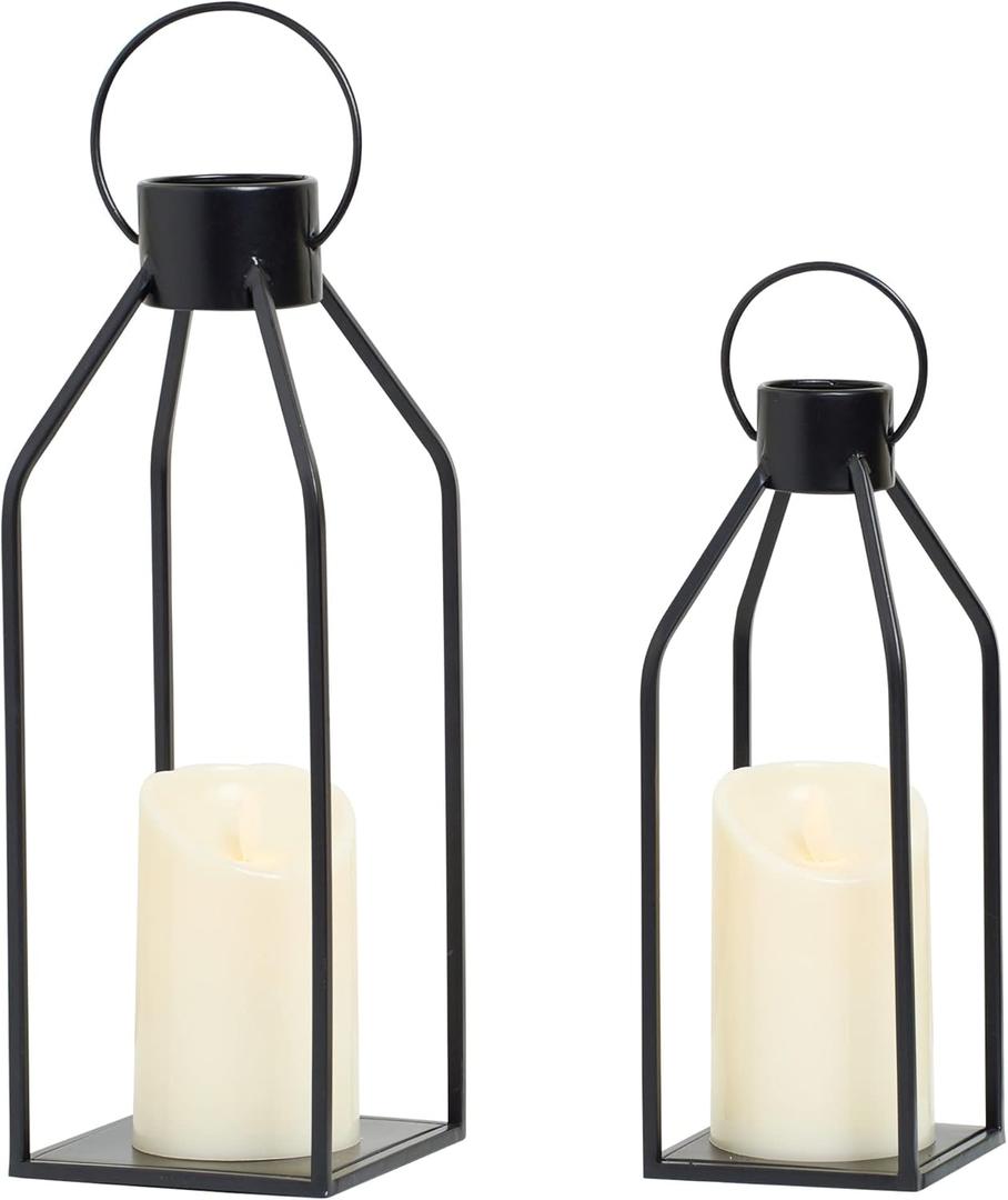 HPC Decor Modern Farmhouse Lanterrn Decor- Black Metal Candle for Summer Night- Lanterns w/ Timer Flickering Candles for Living Room, Home, Indoor, Outdoor, Table, Fireplace Mantle Décor