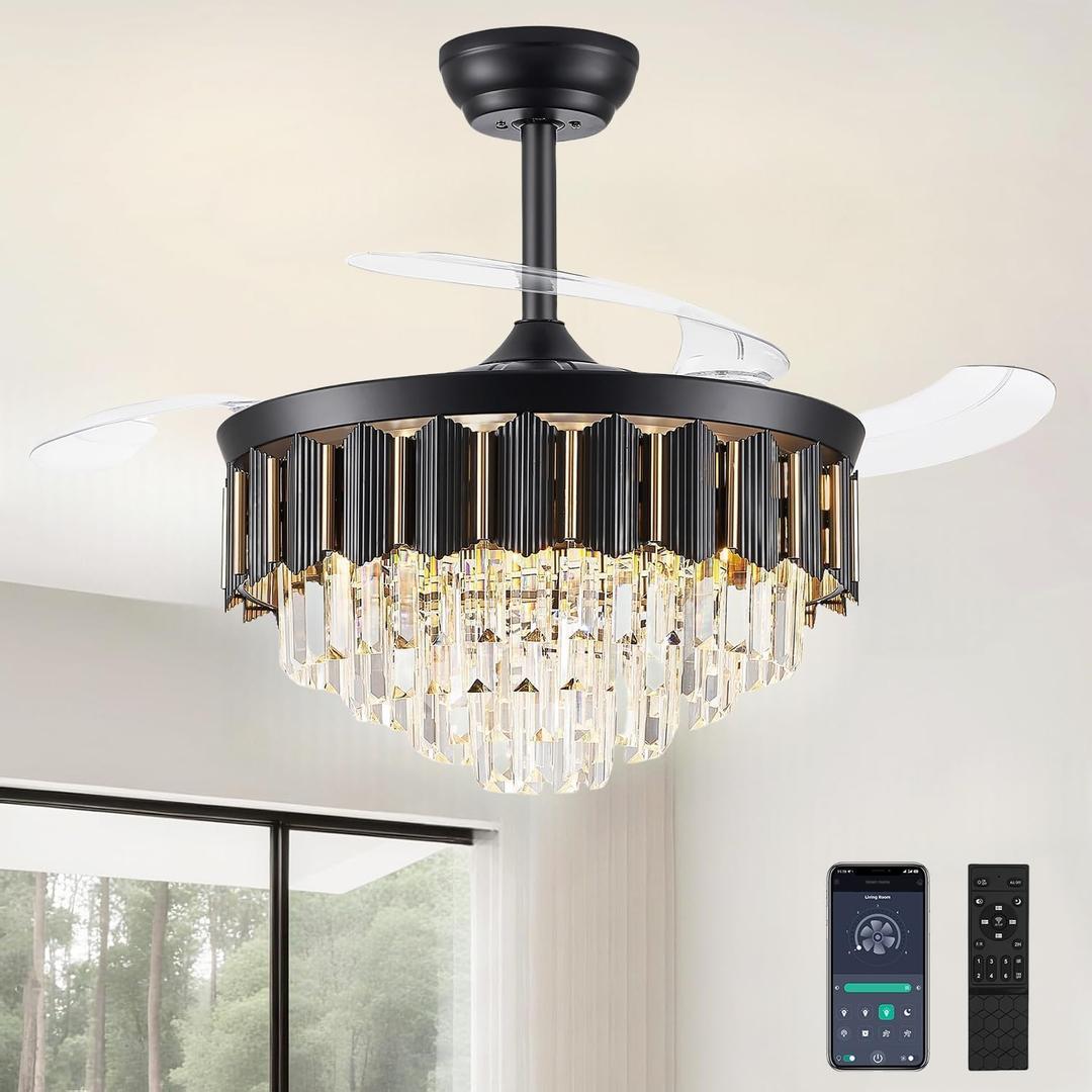 48 Inch Fandelier Ceiling Fan with Light, Chandelier Ceiling Fan for Bedroom Living Room, LED Dimmable, 6-Speed Reversible Motor, Timer & Memory Function-Black