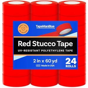Red Stucco Tape, Case of 24 Rolls, 2 Inch x 60 Yards, UV Resistant Polyethylene Tape