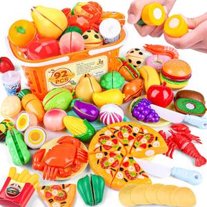 92PCS Play Food Set for Kids, Pretend Play Toys for Play Kitchen & Toddlers Learning, Food Toys with Cutting Fruits & Vegetables, Fake Food Gift Kitchen Playset for Kids Ages 3+