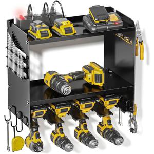 Power Tool Organizer Wall Mount with Charging Station, Tool Battery Holder with 4 Outlet Power Strip, 15 Min Assembly & Maximum 100lb Load, 4 Slots for Cordless Drill, Men's Gifts (Black)