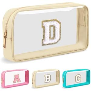 Personalized Initial Letter Clear Makeup Bag,Preppy Small Nylon&PVC Cosmetic Zipper Bag with Chenille Letter,Portable Beach Travel Skincare Toiletry Bag,Trendy Monogram Gift for Teen Girls Women,D
