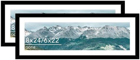 QOTIB Wood 8x24 Picture Frame with 6x22 Mat, Display 6x22 with Mat or 8x24 Without Mat, Wood 8 by 24 Photo Frame, 8 x 24 Frame for Wall Hanging Display, Black, 2 Pack