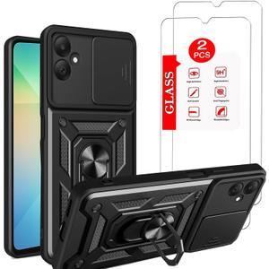 for Samsung Galaxy A06-4G Case with [2 Pack] Tempered Glass Screen Protector, for Galaxy A06 Heavy Duty [Military-Grade] Protectivewith Kickstand Ring Holder Holder Phone Case