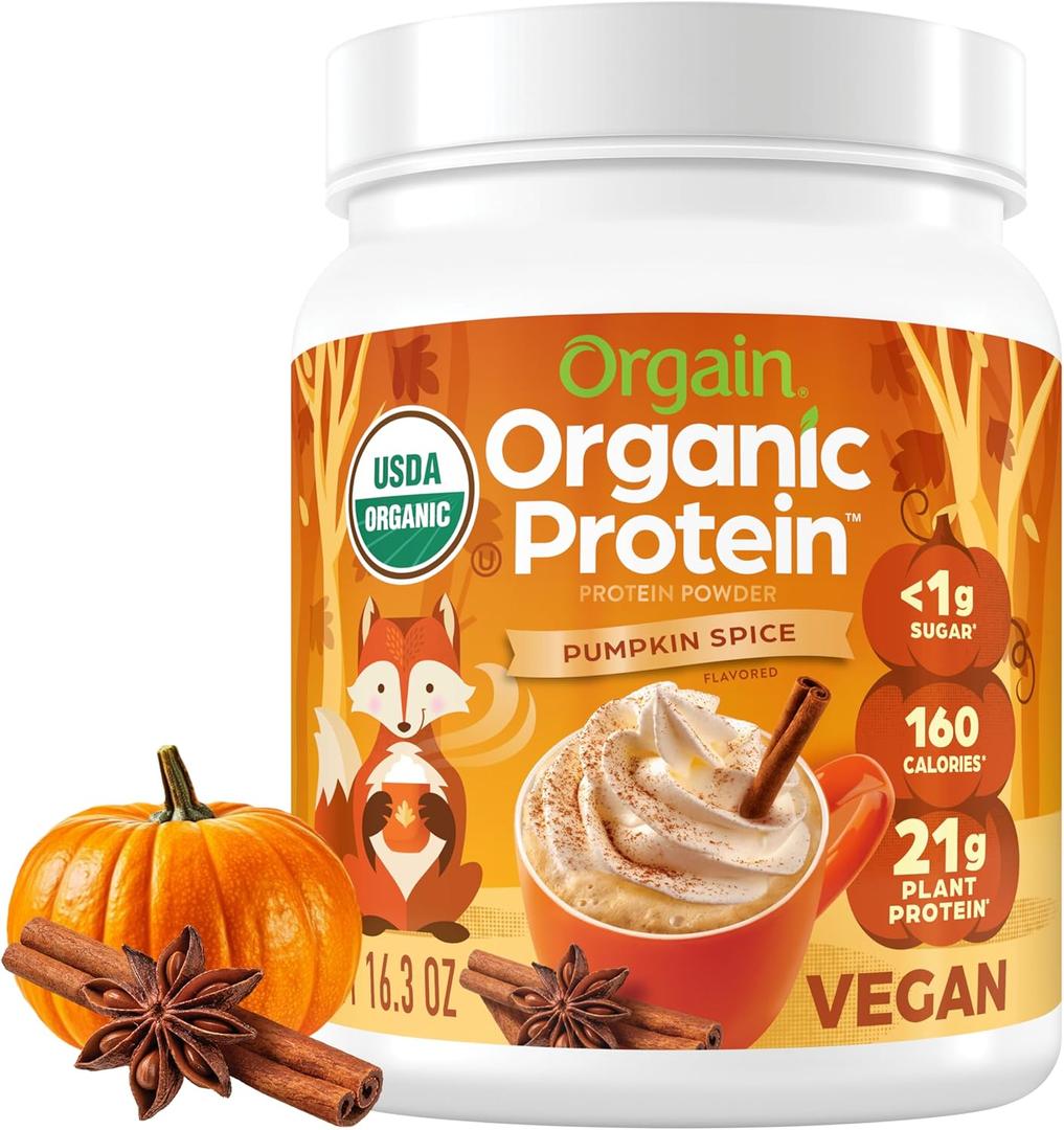 Orgain Organic Vegan Protein Powder, Pumpkin Spice Seasonal Flavor - 21g of Plant Protein, 5g Prebiotic Fiber, No Lactose Ingredients, No Added Sugar, Non-GMO, For Shakes & Smoothies, 1.02 lb, EXP: 04/11/2027