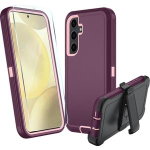 for Samsung Galaxy S24 FE 5G Case, S24 FE Heavy Duty case, [Belt Clip Holster] [Glass Screen Protector] [Military Grade Protective ] [Shockproof] [Dropproof] [Dust-Proof] (WineRed)