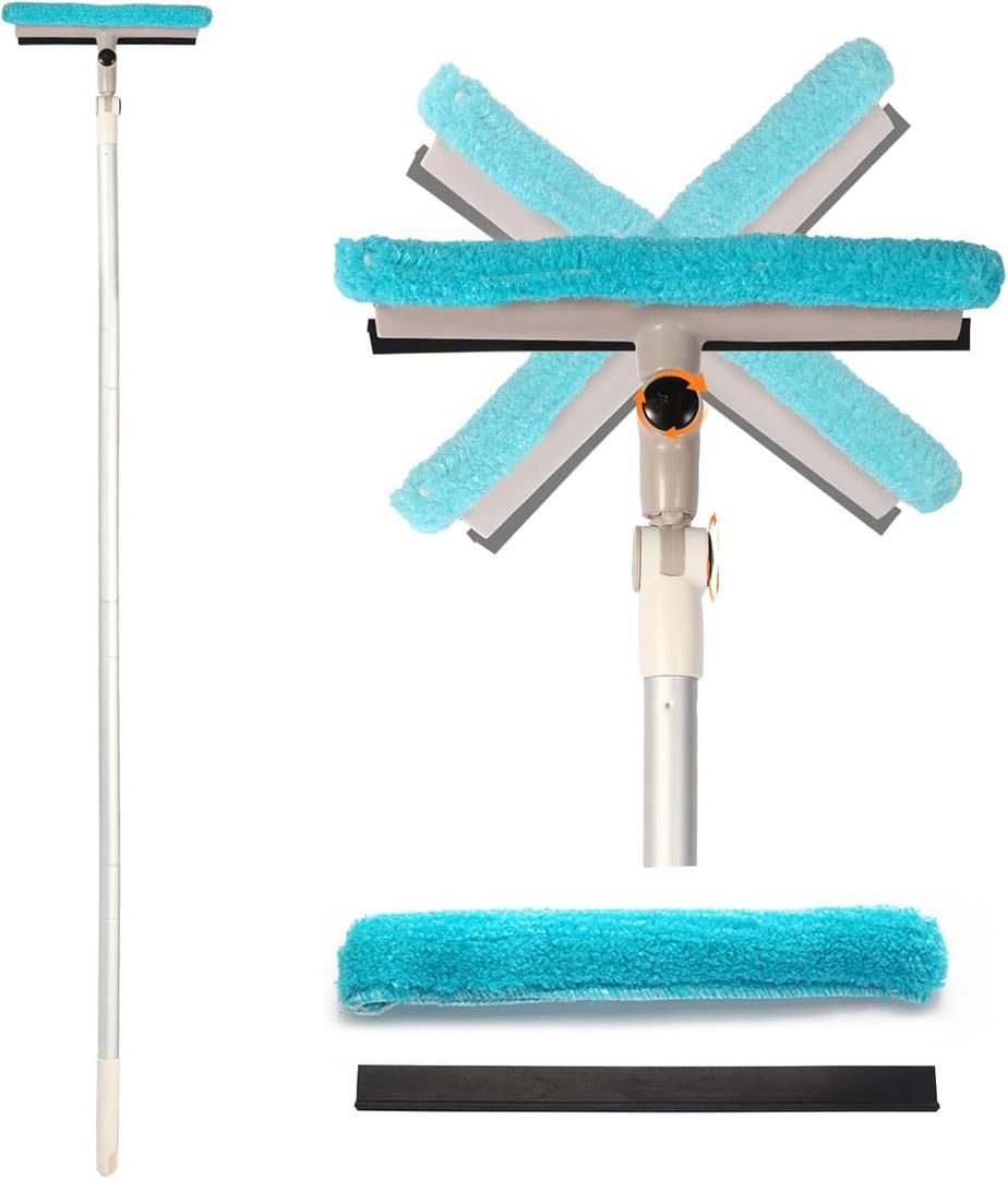 Window Squeegee Cleaner Tool, 2 in 1 Shower Glass Mirror Sweeper, Car Window Wiper, 360 Degree Rotatable Head, 2.46-4.95 Feet Adjustable Pole, Washing Tools Kit for Indoor Outdoor, Aluminum Made
