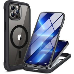 Miracase Magnetic for iPhone 13 Pro Max Case 6.7 inch, (Compatible with MagSafe) Upgrade Full-Body Clear Phone Bumper Case with Built-in 9H Tempered Glass Screen Protector, Magnetic Classic Black