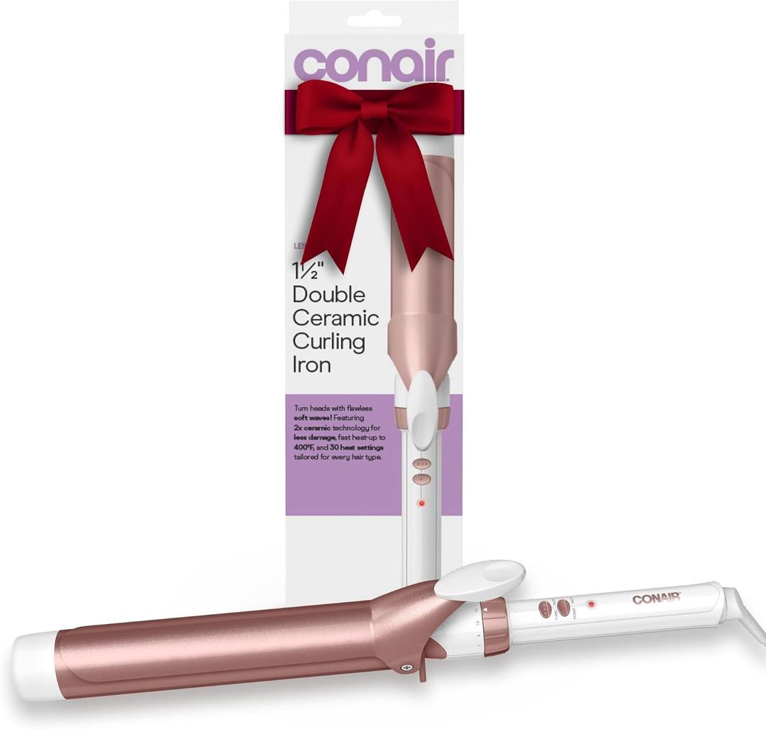 Conair Double Ceramic Curling Iron, 1 1/2" Extra-Long Barrel Hair Curling Iron, 30 Heat Settings, Turbo Heat, Auto Off, Cool Tip, Dual Voltage, Rose Gold
