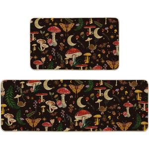 Artoid Mode Black Mushrooms Butterfly Spring Kitchen Mats Set of 2, Home Decor Low-Profile Kitchen Rugs for Floor - 17x29 and 17x47 Inch (17" x 29" /17" x 47", Black)