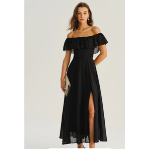 Ever-Pretty Women's Elegant Off The Shoulder Side Split High Waist Flowy Chiffon Maxi Bridesmaid Dress 00968 S