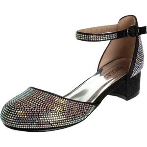 Badgley Mischka Girls Dress Shoes - Kids Rhinestone Party High Heel Pumps Slip-On Block Closed Toe with Ankle Buckle - Black (Size 6 Big Kid)