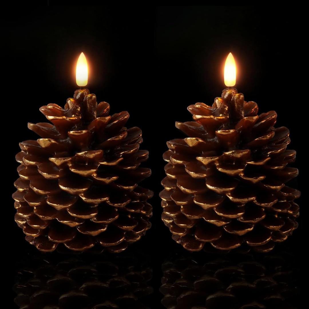 Homemory 2 Pcs LED Pine Cone Candles, Flameless Candles with 6H Timer, Battery Operated Flickering Candle, Real Wax Pinecone Candles for Christmas Indoor Decoration, Brown(D4.3 x H6 Inch)
