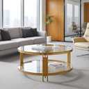 36" Round Glass Coffee Table,Gold Circle Coffee Table with Storage, 36" Diameter x 17" Height
