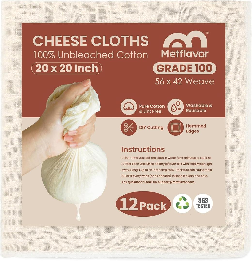 12Pcs Reusable Cheesecloth for Straining 20x20 Inch,100 Grade Cheese Cloths Hemmed Edges, 100% Unbleached Cotton Cheese Cloth, Ultra-Dense Cloth Strainer for Yogurt/Nut Milk/Baking Making 56x42 Weave
