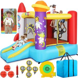 Whubefy Inflatable Bounce House for Kids 3-6 Space Rocket-Themed Bouncy Castle with Ball Toss Game, Animal Astronaut Cosplay, Slide & Blower, Basketball Rim, Toddler Indoor Outdoor