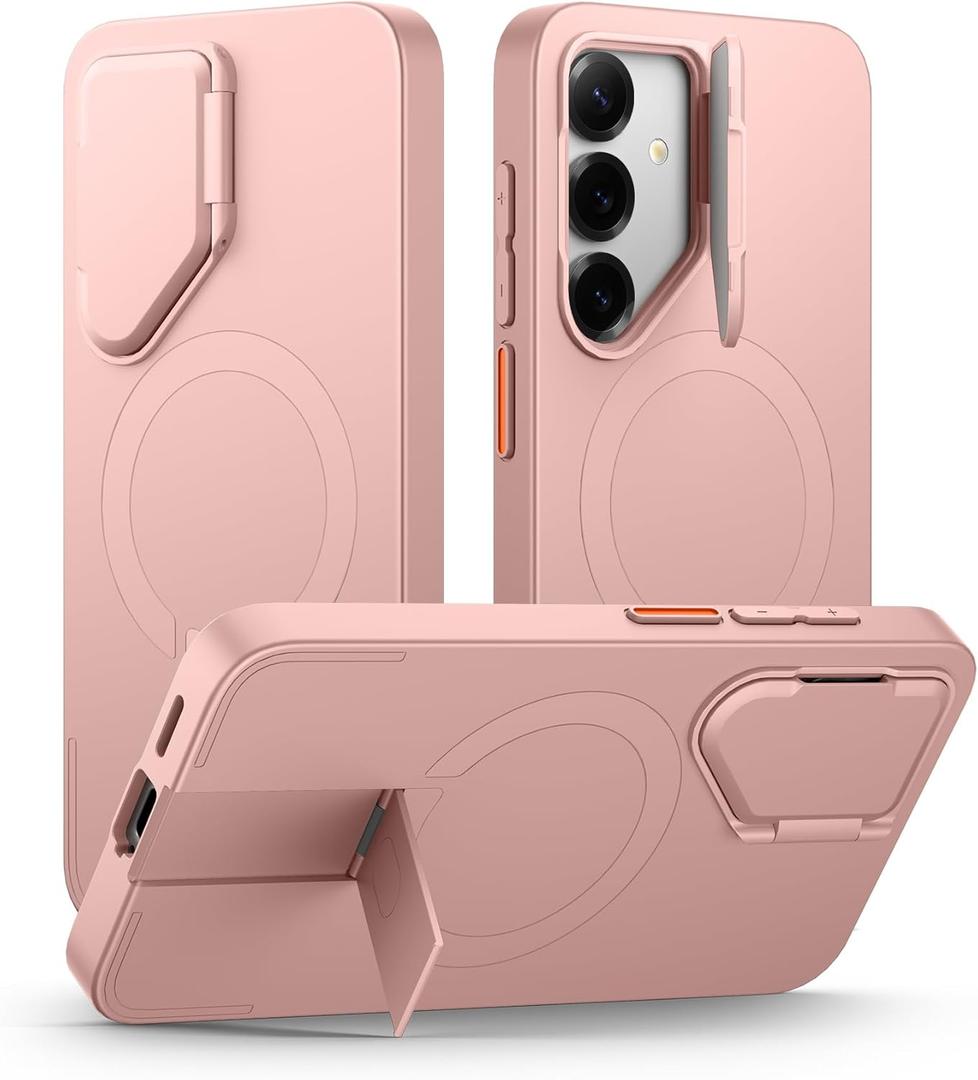 SURITCH for Samsung Galaxy S25+ Plus Phone Case, Magnetic Shockproof Protective Cover with Camera Cover & Adjustable Metal Kickstand for Galaxy S25+ Plus(2025)-Pink