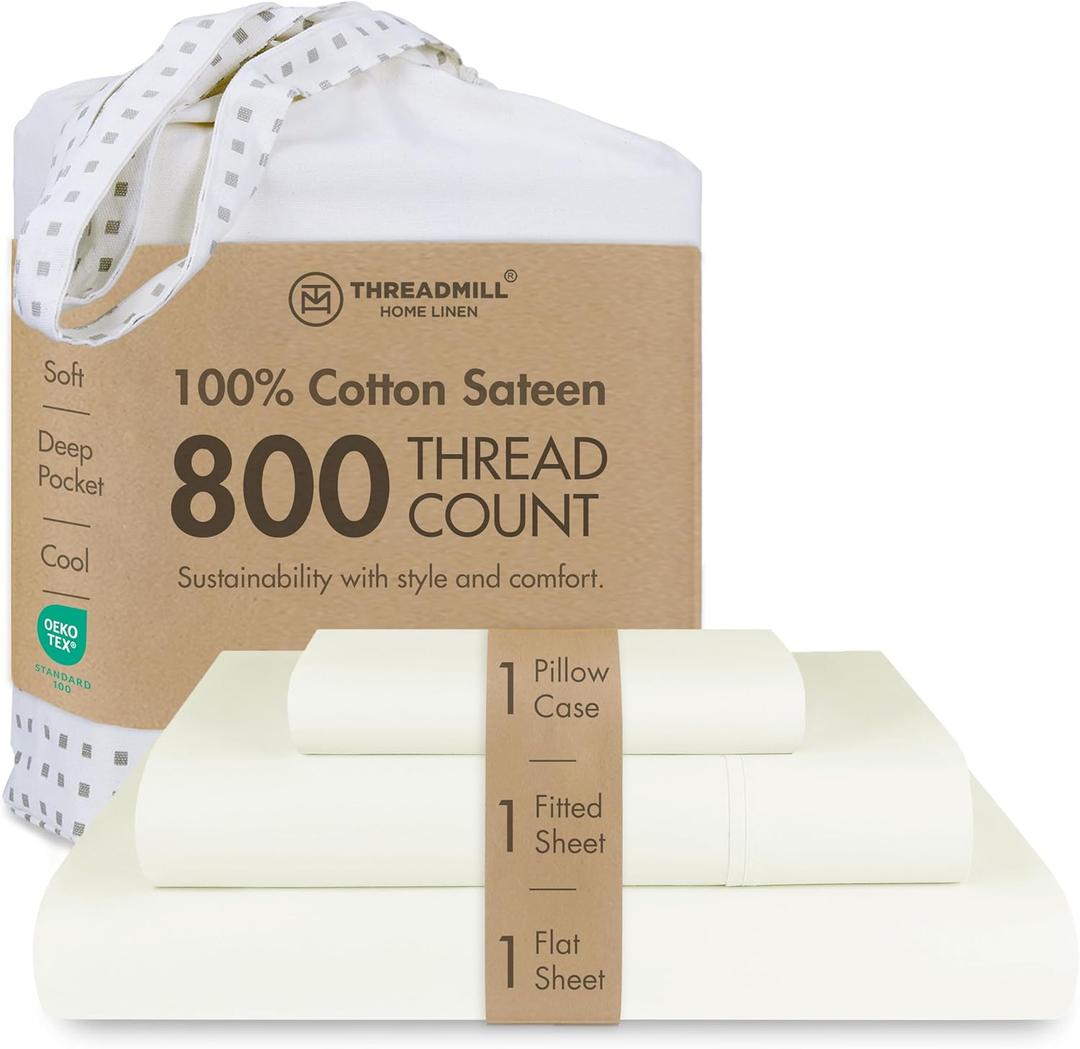 Threadmill Luxury 800 Thread Count 100% Cotton Sheets - Sateen Weave Twin XL Bed-Sheets, Better Than Egyptian Cotton,3 Pc Solid Soft Bedding Set (Ivory), Fits 15" Deep Pocket