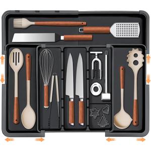 Large Utensil Drawer Organizer Expandable Silverware Organizer for Kitchen Drawer Adjustable Cooking Utensil Holder Cutlery Flatware Tray Spatula Tools Gadgets Storage Dividers Plastic Black